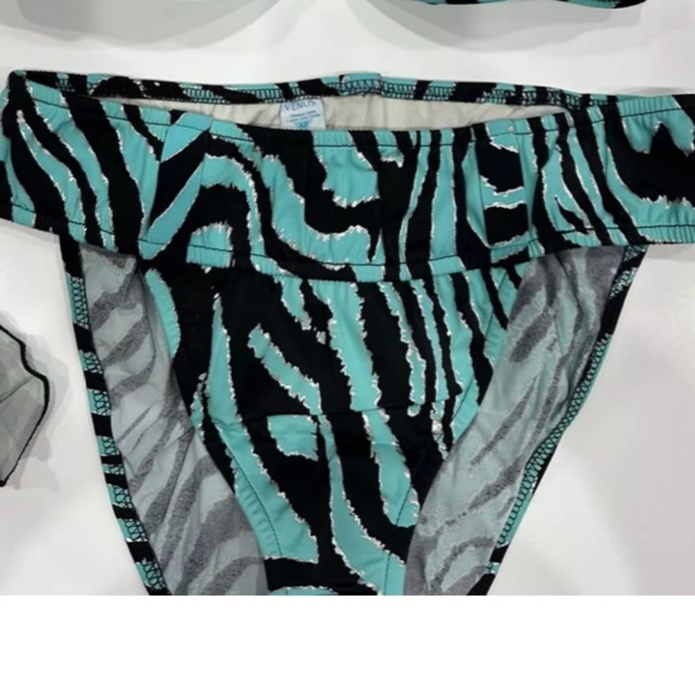 Venus Black Turquoise Silver Zebra Print Bikini Bottoms, size 12